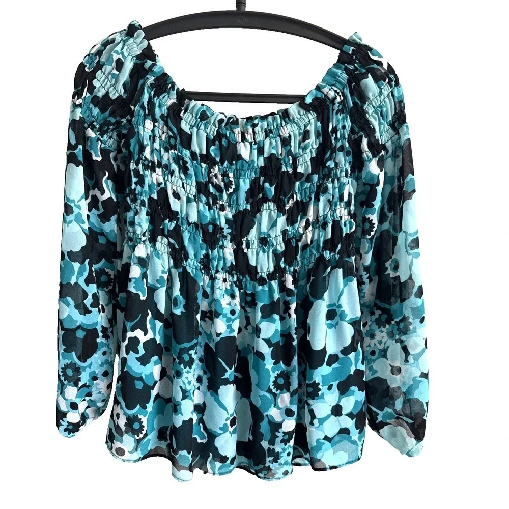 Michael Kors Y2K Blue Ruched Top M Long Sleeve Floral Fairy Boho Festival